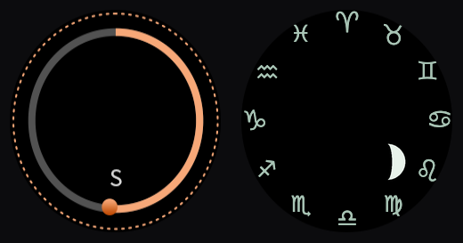The shot timer before and after: an orange progress ring beside a zodiac wheel with a waxing moon