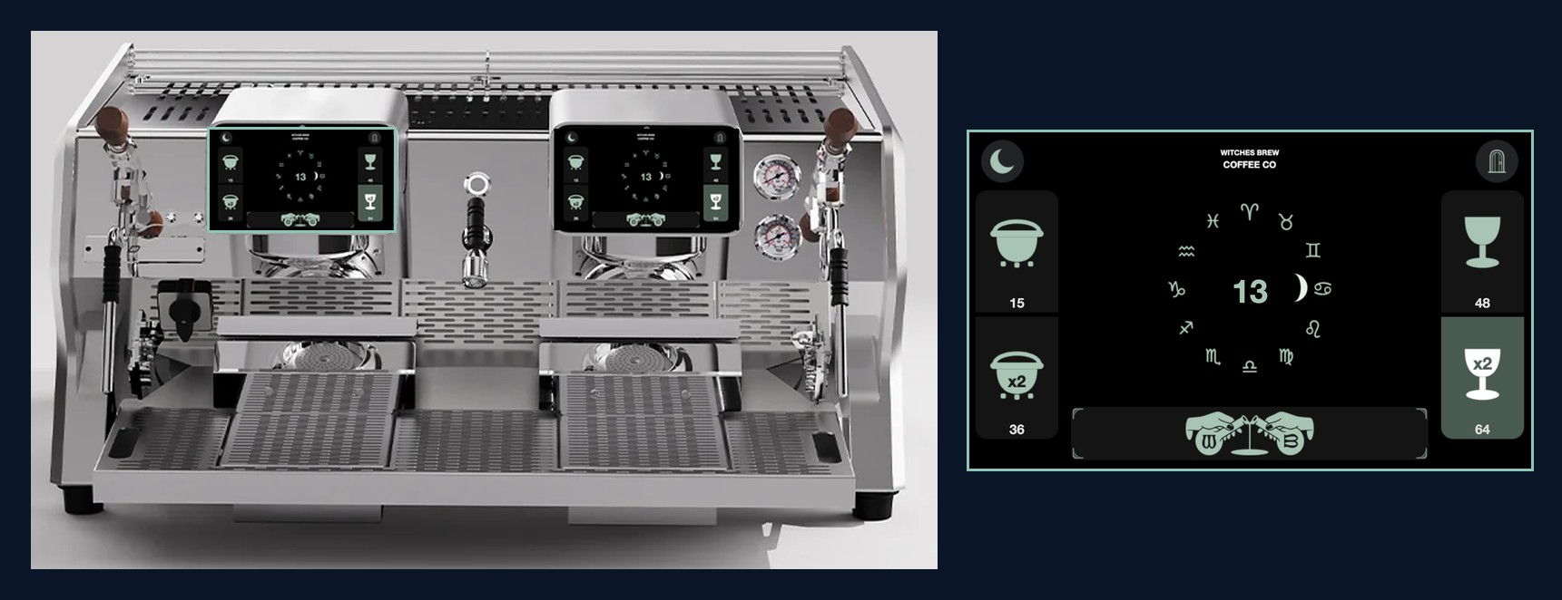 A two-group commercial espresso machine with the rebuilt interface on both screens, shown beside a full-size view of that interface