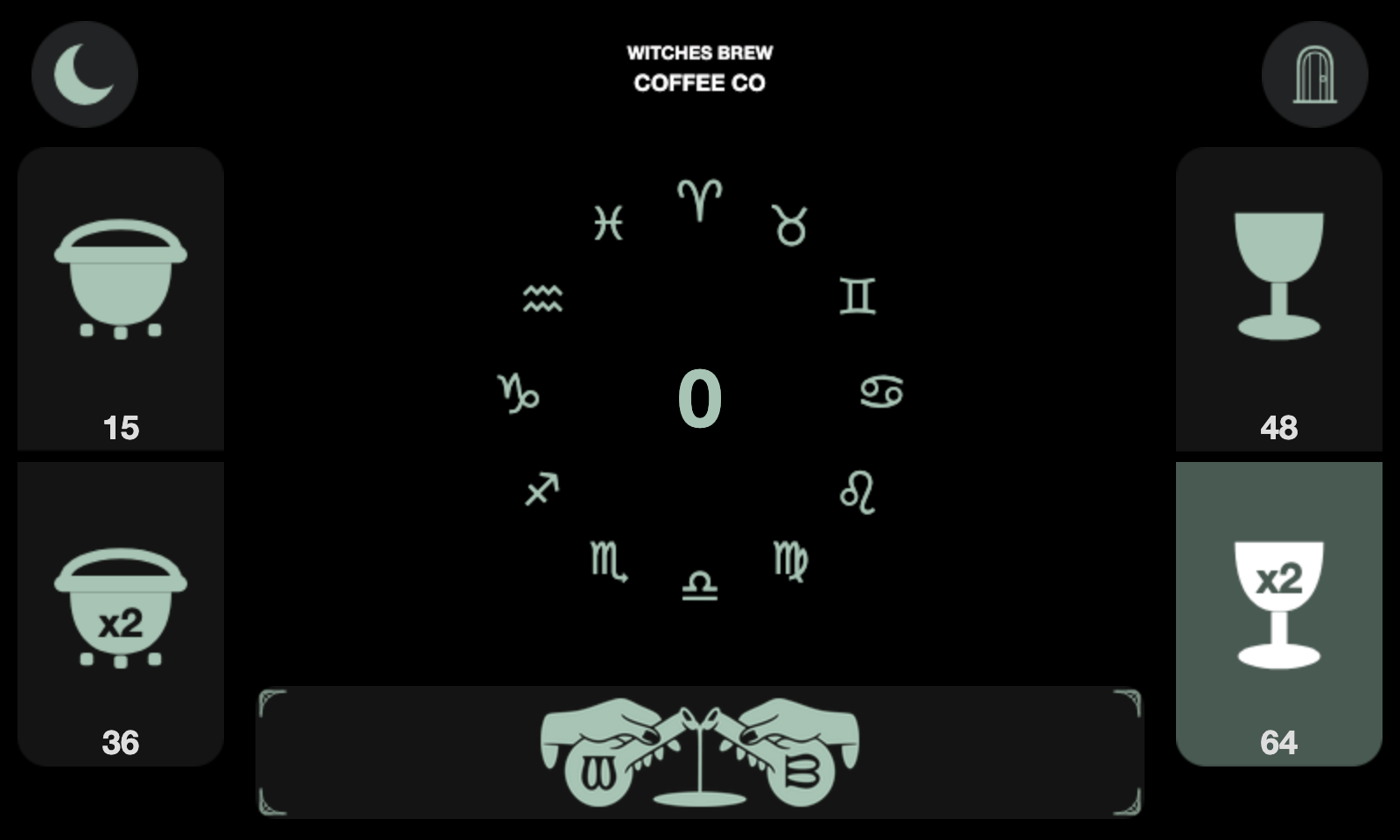 The espresso machine screen at rest: zodiac houses with an empty dial