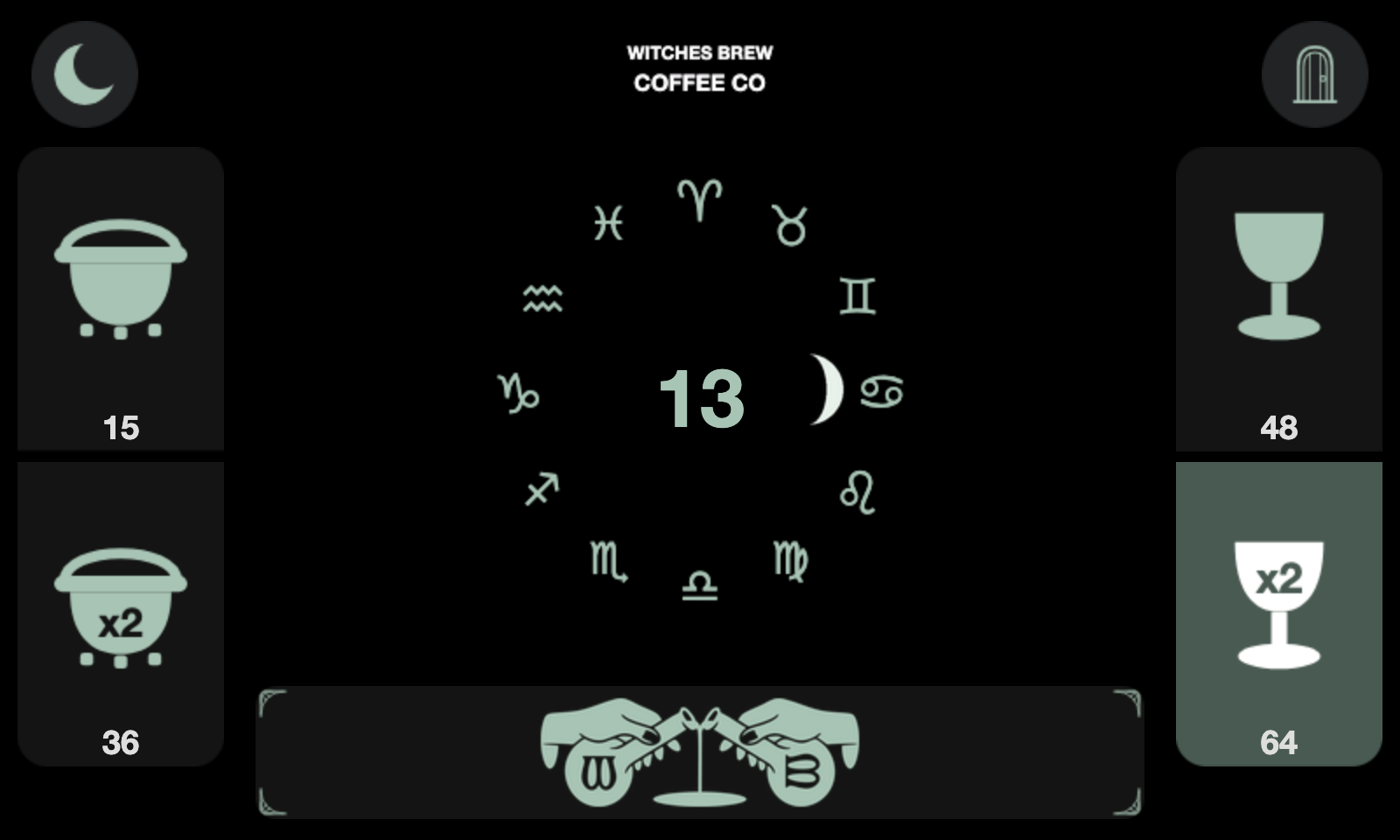 The rebuilt espresso machine interface: cauldron and chalice buttons, a zodiac dial with a waxing moon, and a shop logo across the purge bar
