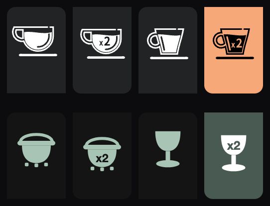 The four shot-selector buttons before and after: espresso cups and tall mugs above, cauldrons and chalices below
