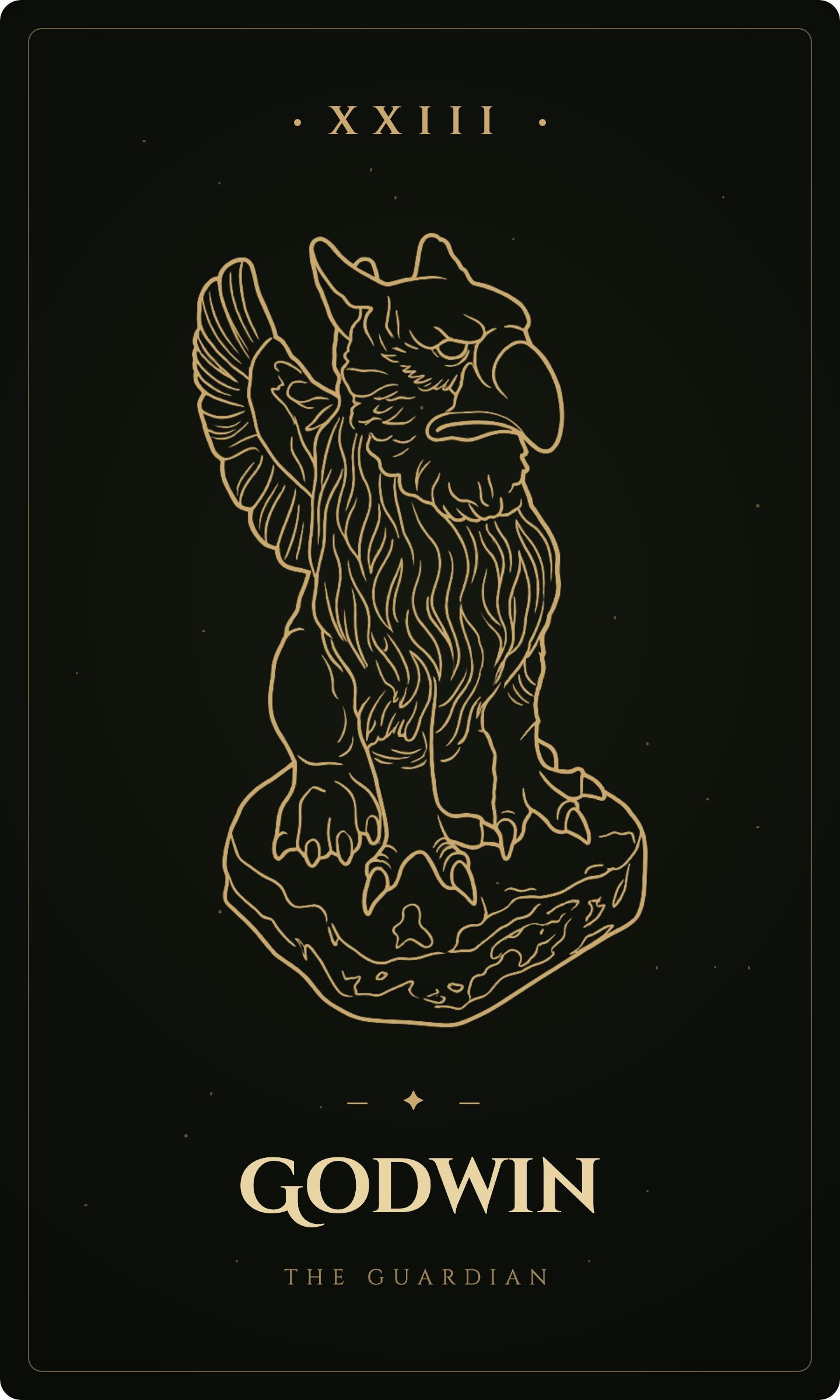 The Godwin tarot card: XXIII, a gold gryphon on a rock plinth, titled Godwin, The Guardian