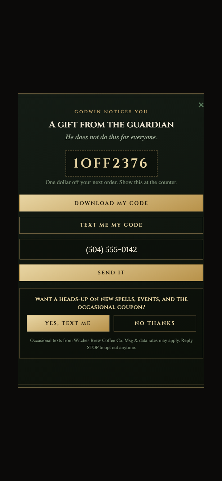 The Godwin reveal on a phone: Godwin Notices You, a one-dollar-off code, and an SMS-updates opt-in