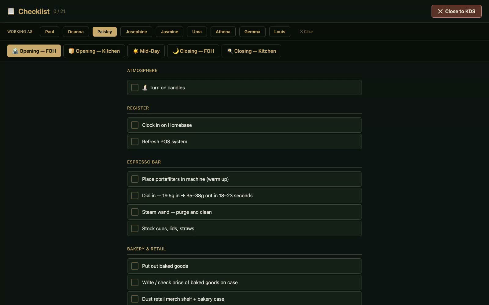 The KDS checklist with daypart tabs and items being checked off