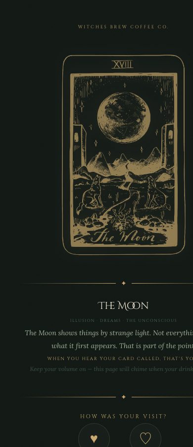 The tarot reveal page: The Moon revealed with its meaning and a How was your visit prompt