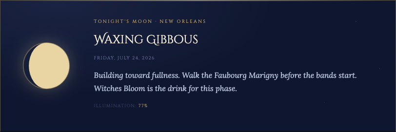 The site's tonight's-moon panel, showing a live-computed waxing gibbous with the phase name and illumination percent