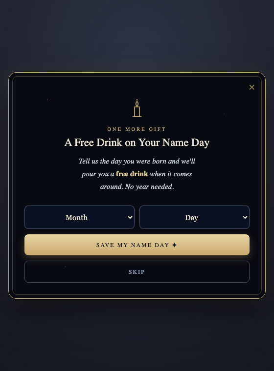 The Coven's second screen: a candle, A Free Drink on Your Name Day, and month and day selectors