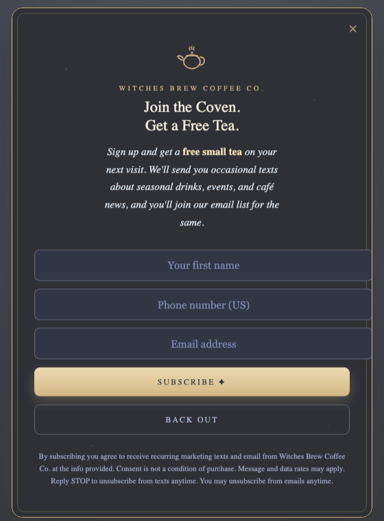 The Coven popup: a steaming teapot, Join the Coven, Get a Free Tea, and name, phone, and email fields
