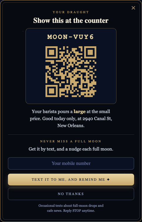 The Full Moon Draught pass: a MOON-VUY6 code, a gold QR, and the line your barista pours a large at the small price