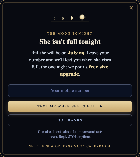 The everyday-moon reminder: a row of moons climbing toward full, she isn't full tonight, and a text-me field