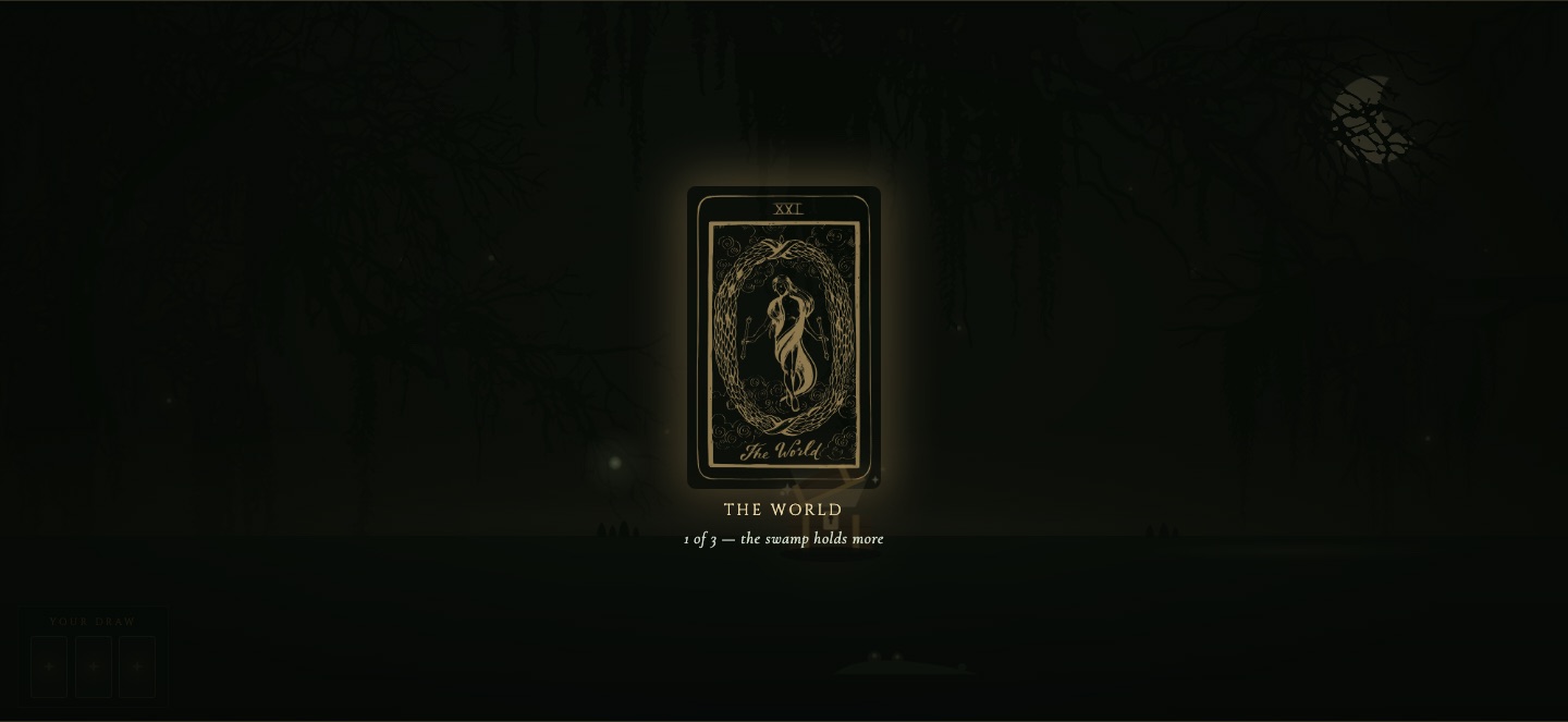 A gold tarot card, The World, revealed over the darkened swamp