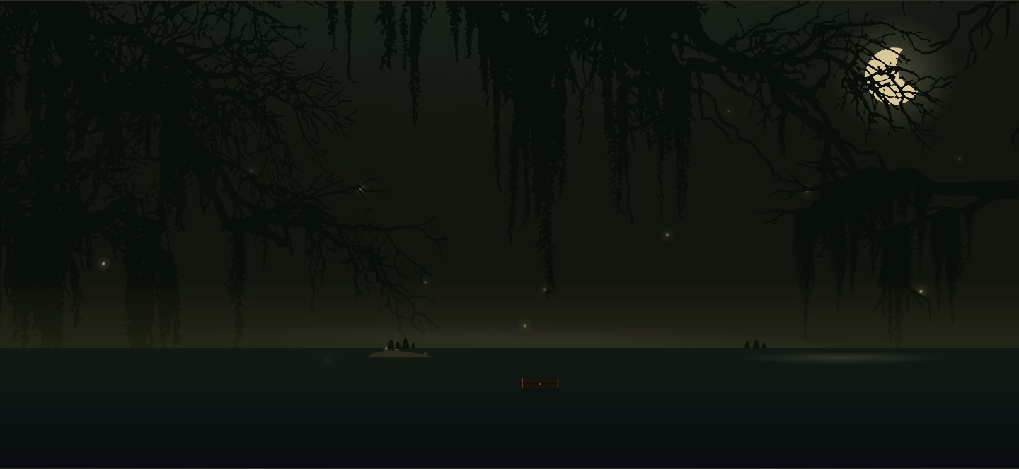 A dark wooden crate floating half-submerged in the moonlit bayou water