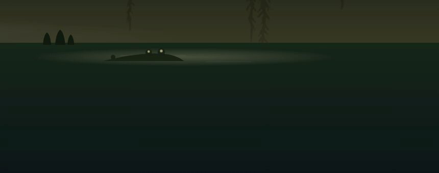 An alligator surfaced in the moonlit water, eyes glowing, brightened for visibility