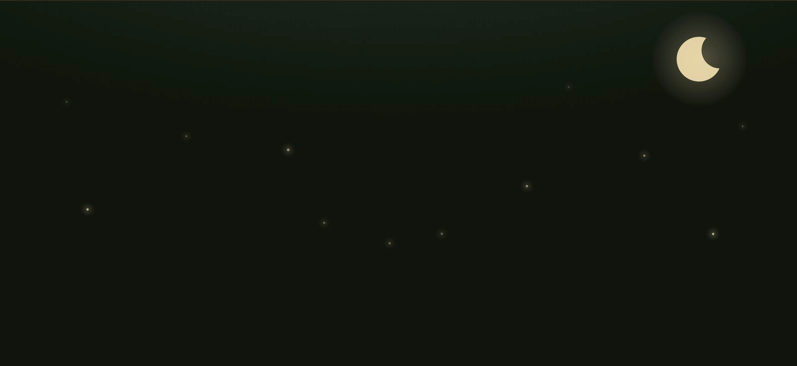 A dark green night sky with a glowing moon and scattered fireflies