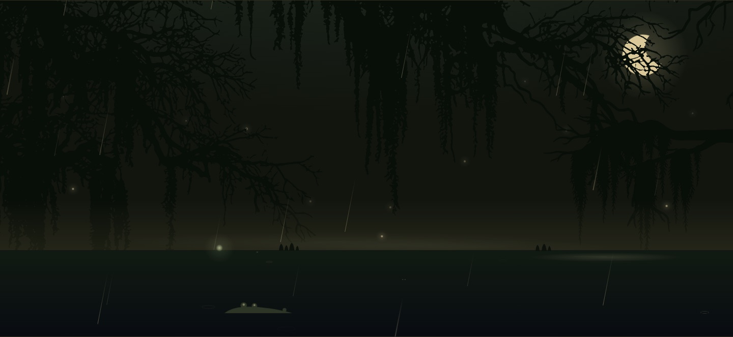 Rain streaking through the swamp scene, small rings spreading on the water