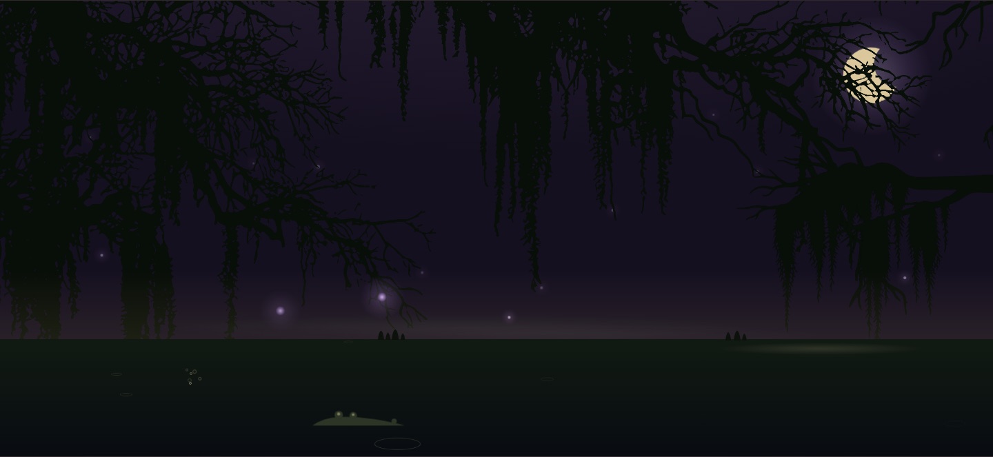 The swamp turned violet: purple sky, lavender fireflies, an amethyst wisp over the water