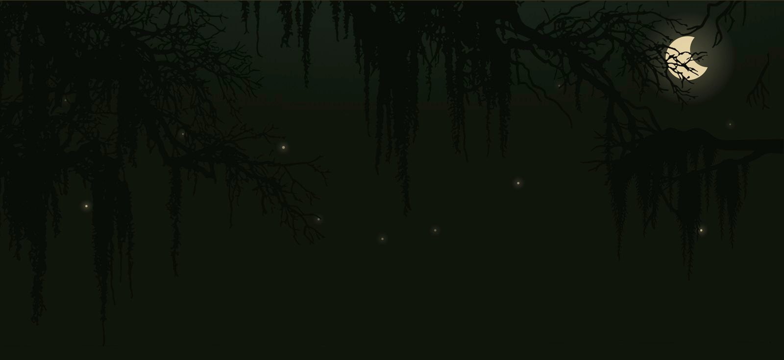 Moss-draped oak silhouettes hanging over the night sky, framing the moon