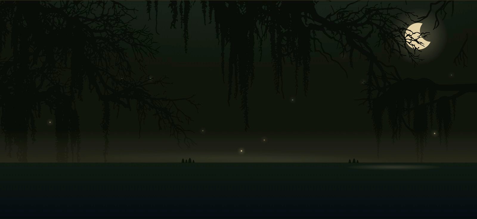 The bayou waterline with cypress knees and the moon's reflection on the water