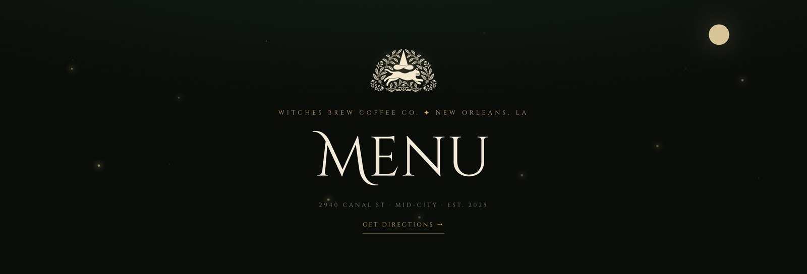 The Witches Brew menu page masthead in its calm state: moon, stars, fireflies