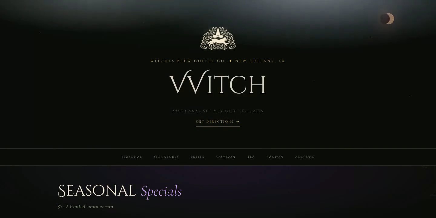 The menu masthead mid-storm: lightning wash, VVITCH title, eclipsed moon