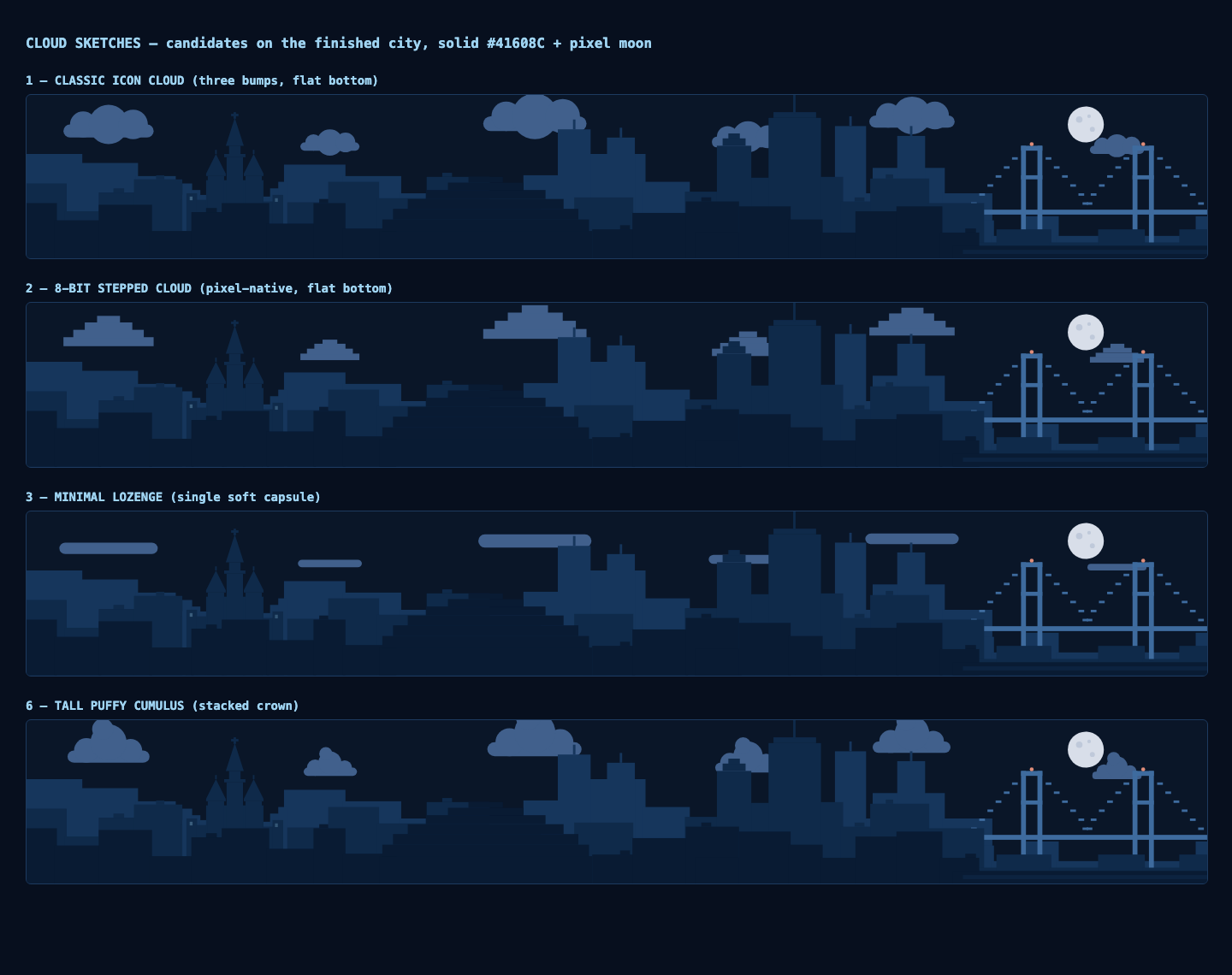 Candidate cloud shapes sketched onto the finished city