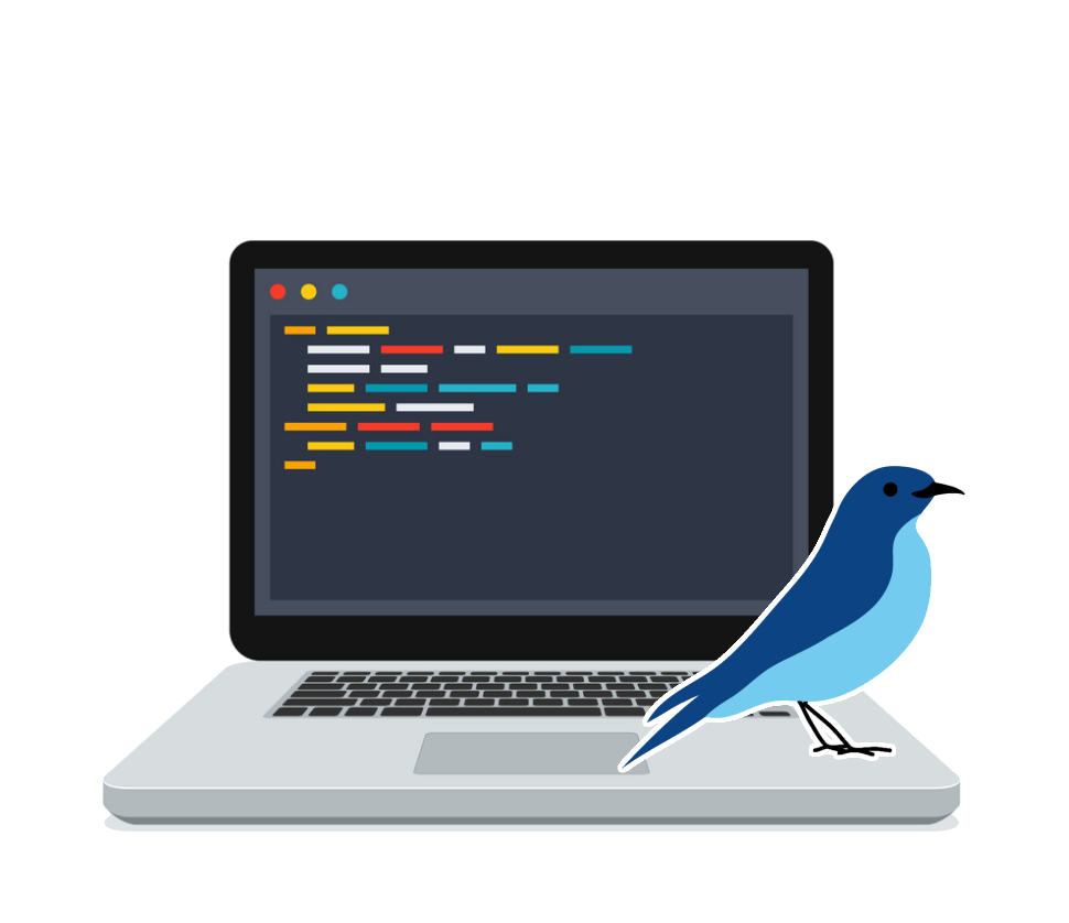 BitBrd — pixel bluebird perched on a developer laptop